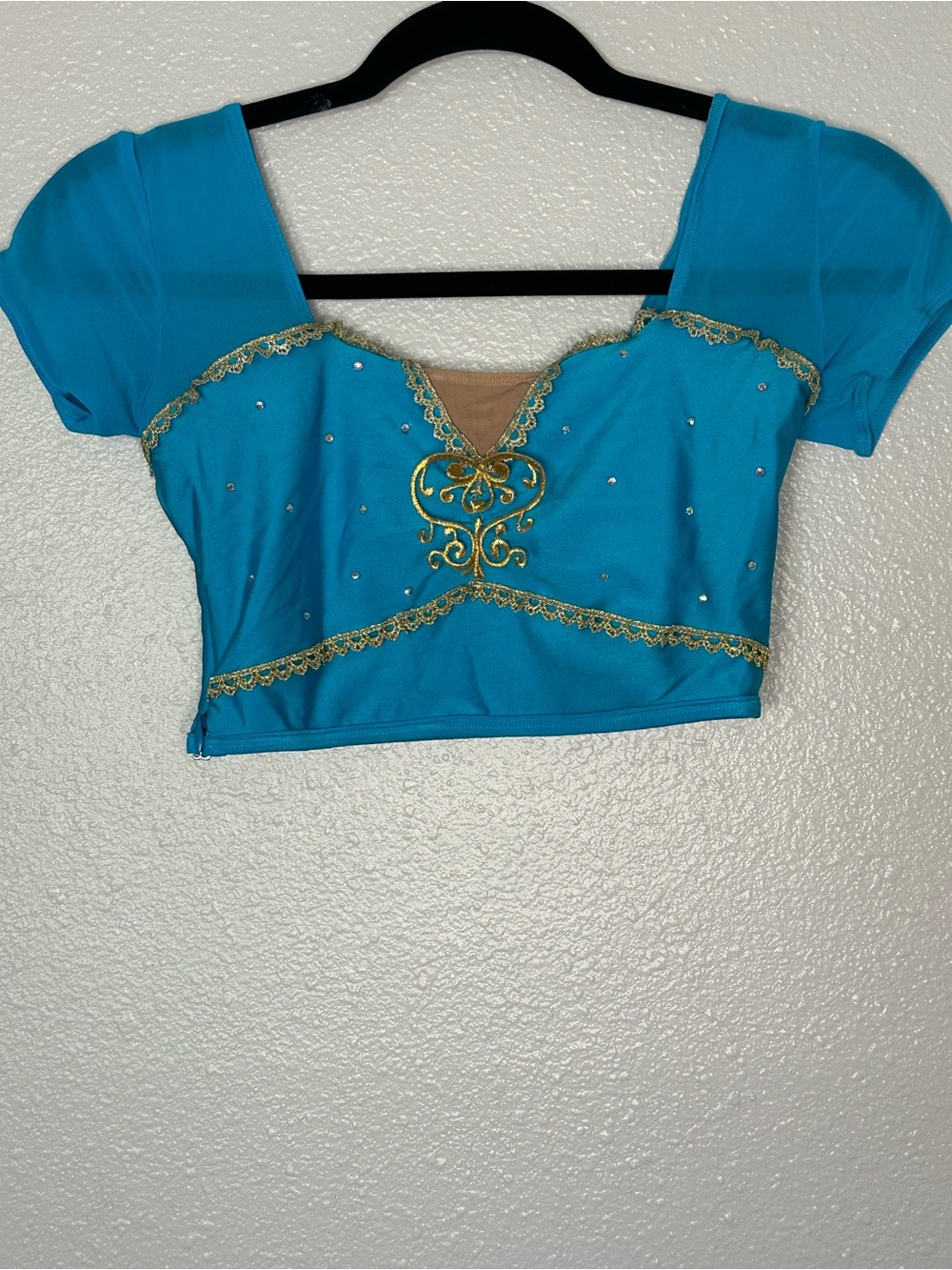 Turquoise Embellished Crop Blouse with Gold Trim